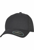 The Flexfit By Yupoong YP217 is a black baseball cap featuring a curved brim and adorned with a Flexfit sticker on the front.