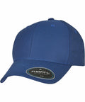Blue Flexfit By Yupoong YP217 baseball cap with a curved brim and a size tag on the front.