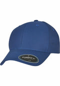 A blue YP217 baseball cap from Flexfit By Yupoong, featuring a curved visor and a circular sticker on the brim.