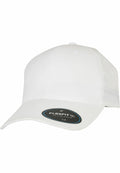 A plain white baseball cap, model YP217 from Flexfit By Yupoong, features a curved brim and a black sticker on the underside indicating it's a Flexfit NU S/M size. The cap is positioned to show the front and part of the brim.