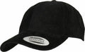 A YP219 black corduroy baseball cap from Flexfit By Yupoong, featuring an adjustable strap and a sticker on the brim.