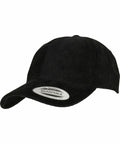 A black corduroy baseball cap with an adjustable strap and a sticker on the brim, the Flexfit By Yupoong YP219.