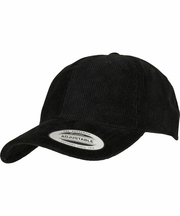 A black corduroy baseball cap with an adjustable strap and a sticker on the brim, the Flexfit By Yupoong YP219.