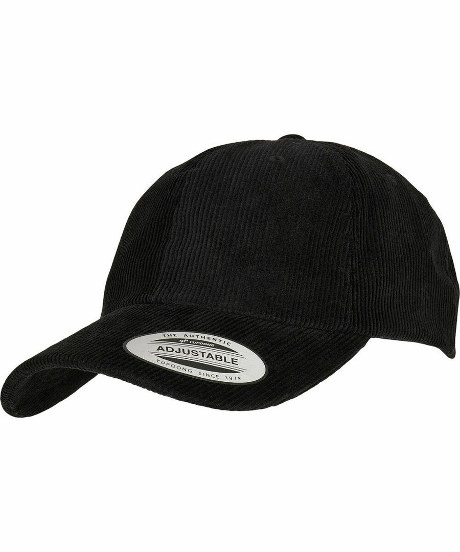 A black corduroy baseball cap with an adjustable strap and a sticker on the brim, the Flexfit By Yupoong YP219.