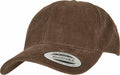 Brown corduroy baseball cap, featuring a curved brim and adjustable strap, crafted by Flexfit By Yupoong under the product name YP219. A round label on the brim reads "Adjustable.