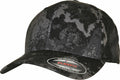Flexfit By Yupoong YP224 black and gray camouflage baseball cap with a sticker on the brim.