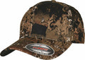 A Flexfit By Yupoong YP224 baseball cap in camouflage design, featuring a brim sticker indicating size L/XL.