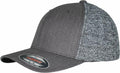 The YP230 by Flexfit By Yupoong is a gray baseball cap featuring a textured pattern on the side panels and a sticker on the brim.