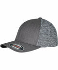 A grey baseball cap with a curved brim and a speckled fabric back panel. The front features a sticker with branding and size information. Introducing the YP230 by Flexfit By Yupoong.