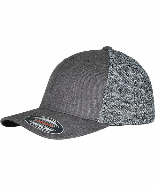 A grey baseball cap with a curved brim and a speckled fabric back panel. The front features a sticker with branding and size information. Introducing the YP230 by Flexfit By Yupoong.