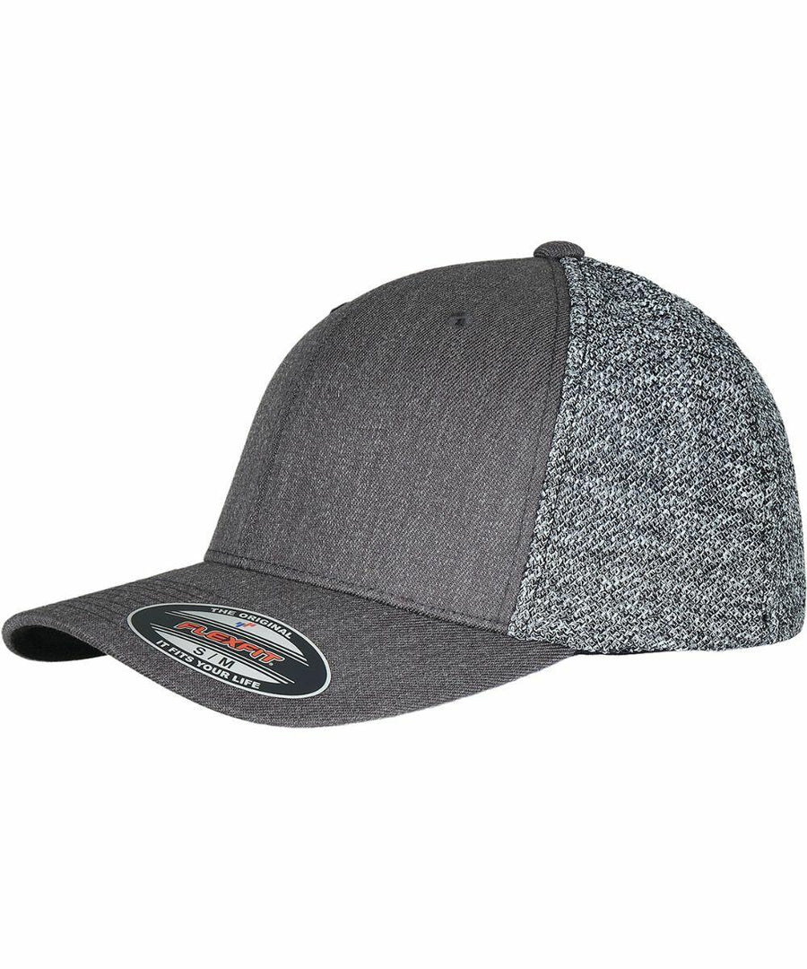 A grey baseball cap with a curved brim and a speckled fabric back panel. The front features a sticker with branding and size information. Introducing the YP230 by Flexfit By Yupoong.