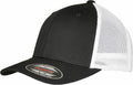 A black and white mesh baseball cap from Flexfit By Yupoong, featuring the model name YP231 and a Flexfit sticker on the brim.