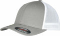 A YP231 cap by Flexfit By Yupoong, featuring a gray and white design with a mesh back and a Flexfit sticker on the visor.