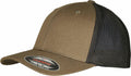 A Flexfit By Yupoong YP231 baseball cap featuring a brown curved brim and front, complemented by black mesh back panels. The brim displays a sticker with branding details.