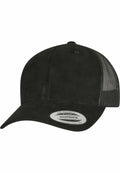 A YP236 black snapback cap by Flexfit By Yupoong, featuring a mesh back and a sticker on the brim.