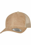 Flexfit By Yupoong's YP236 is a tan suede and mesh baseball cap featuring a curved brim and an adjustable snapback closure.
