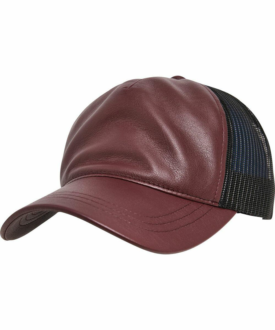 A Flexfit By Yupoong YP236 maroon leather baseball cap with a black mesh back panel.