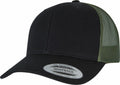 A Flexfit By Yupoong YP237 black snapback cap featuring a green mesh back and a circular sticker on the brim.