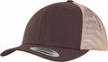 A Flexfit By Yupoong YP237 snapback cap featuring a brown front, a beige mesh back, and a flat brim.