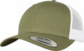 The YP237 by Flexfit By Yupoong is an olive-green and white baseball cap featuring a mesh back and snapback closure.