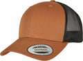 A YP237 snapback cap by Flexfit By Yupoong, featuring a brown solid front and a black mesh back. It has a curved brim and a sticker on the front displaying "The Authentic Snapback - Yupoong Since 1974.