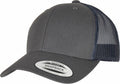 The YP237 by Flexfit By Yupoong is a dark gray baseball cap featuring a black mesh back and a curved brim, with a sticker on the brim that reads Snapback.