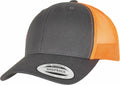 A gray and orange YP237 trucker cap from Flexfit By Yupoong, with mesh back panels and a curved brim. The front is adorned with a sticker that reads Snapback Yupoong Since 1974.