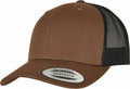 A YP237 trucker cap by Flexfit By Yupoong featuring a brown front panel, curved brim, and black mesh back. The brim displays a Snapback sticker with the text "Yupoong Since 1974.
