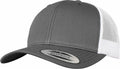 A Flexfit By Yupoong YP237 snapback cap in gray and white, featuring a mesh back, flat bill, and a label on the brim.