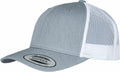 A gray and white YP237 snapback cap with a curved brim from Flexfit By Yupoong. The front showcases solid gray, while the back features white mesh. A label on the brim reads "The Authentic Snapback Yupoong Since 1974.