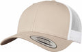 A YP237 snapback trucker hat from Flexfit By Yupoong in a beige and white color scheme, featuring a curved brim, mesh back, and a brim sticker saying "The Classics Snapback Yupoong Since 1974.