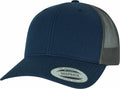 A navy blue and gray mesh snapback hat, labeled YP237, with a sticker on the brim displaying "Snapback" and "Flexfit By Yupoong Since 1974.