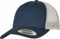 A blue and white YP237 snapback trucker hat from Flexfit By Yupoong, featuring a curved brim and mesh back panel. A circular sticker on the brim reads The Authentic Yupoong Snapback.