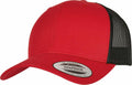 A YP237 snapback cap from Flexfit By Yupoong features a solid red front and a black mesh back. The brim is adorned with a circular sticker that reads "The Authentic Snapback Yupoong Since 1974.