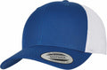 The YP237 by Flexfit By Yupoong is a snapback cap featuring a solid blue front and brim, complemented by a white mesh back and adorned with a sticker on the brim.