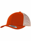 The Flexfit By Yupoong YP237 is a baseball cap featuring a vibrant orange front and a beige mesh back. It has an adjustable snapback closure and a slightly curved bill. The brim includes a small gray label with text.
