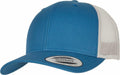 A Flexfit By Yupoong YP237 snapback cap featuring a flat visor, a blue front panel, and a white mesh back. The visor includes a round label with text.