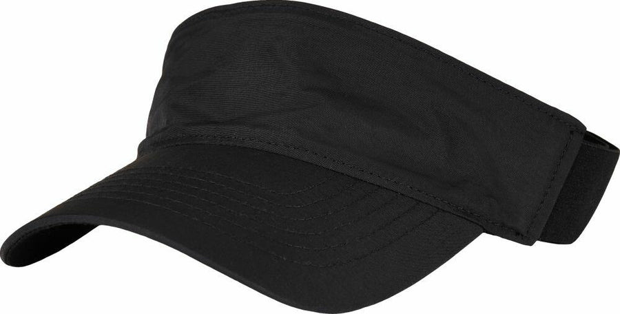 A YP247 black visor cap from Flexfit By Yupoong, featuring a curved brim and an adjustable back strap.
