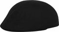 A Flexfit By Yupoong YP248 newsboy cap in black, featuring a smooth, seamless design, displayed from a side angle.