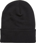 The Flexfit by Yupoong Heavyweight Organic Long Beanie is shown in plain black with a turned-up brim, set against a white background.