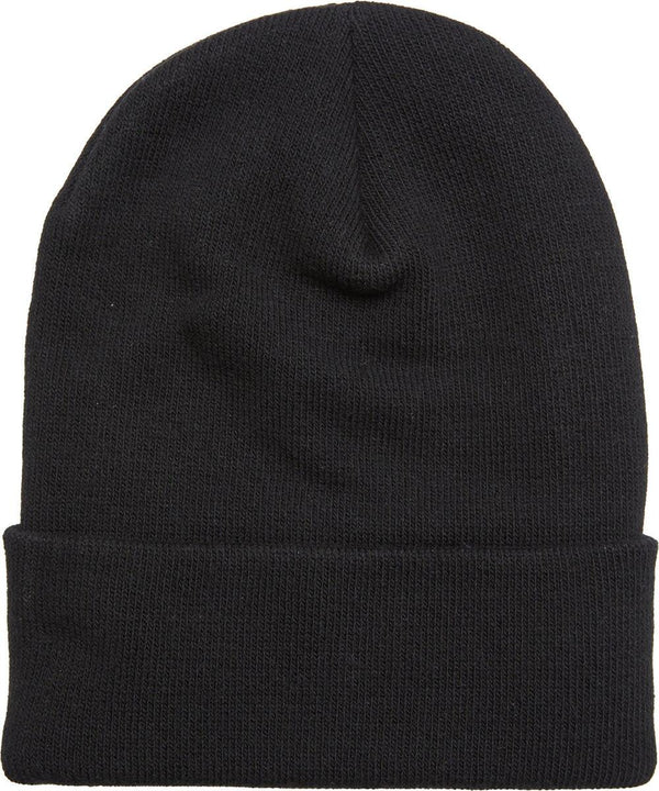 The Flexfit by Yupoong Heavyweight Organic Long Beanie is shown in plain black with a turned-up brim, set against a white background.