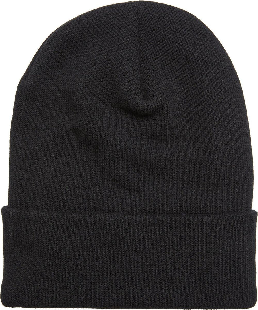 The Flexfit by Yupoong Heavyweight Organic Long Beanie is shown in plain black with a turned-up brim, set against a white background.