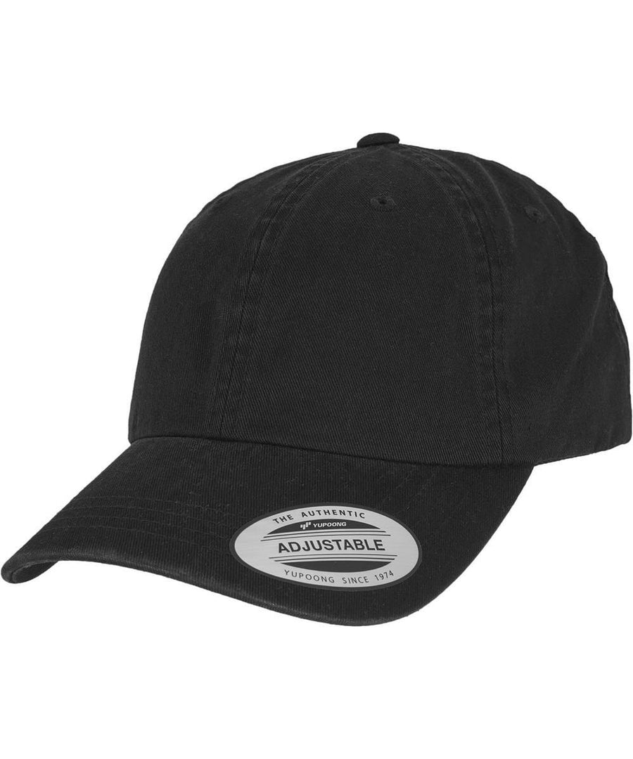 The Flexfit low-profile garment-washed (6245GW) cap by Flexfit by Yupoong is a plain black cap with a curved peak, adjustable strap, and a round "The Authentic Adjustable Yupoong Since 1974" sticker on the peak.