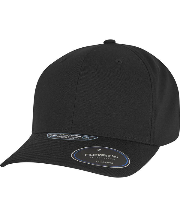 A plain black Flexfit NU adjustable snapback (6110NU) by Flexfit by Yupoong with a curved brim and a "Flexfit NU Adjustable" sticker on the brim, shown against a white background.