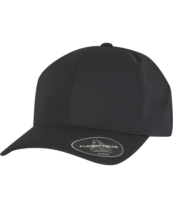 The Flexfit Delta snapback (180AP) by Flexfit by Yupoong is a plain black cap with a curved peak featuring a "Flexfit Delta" sticker and side panel ventilation holes.