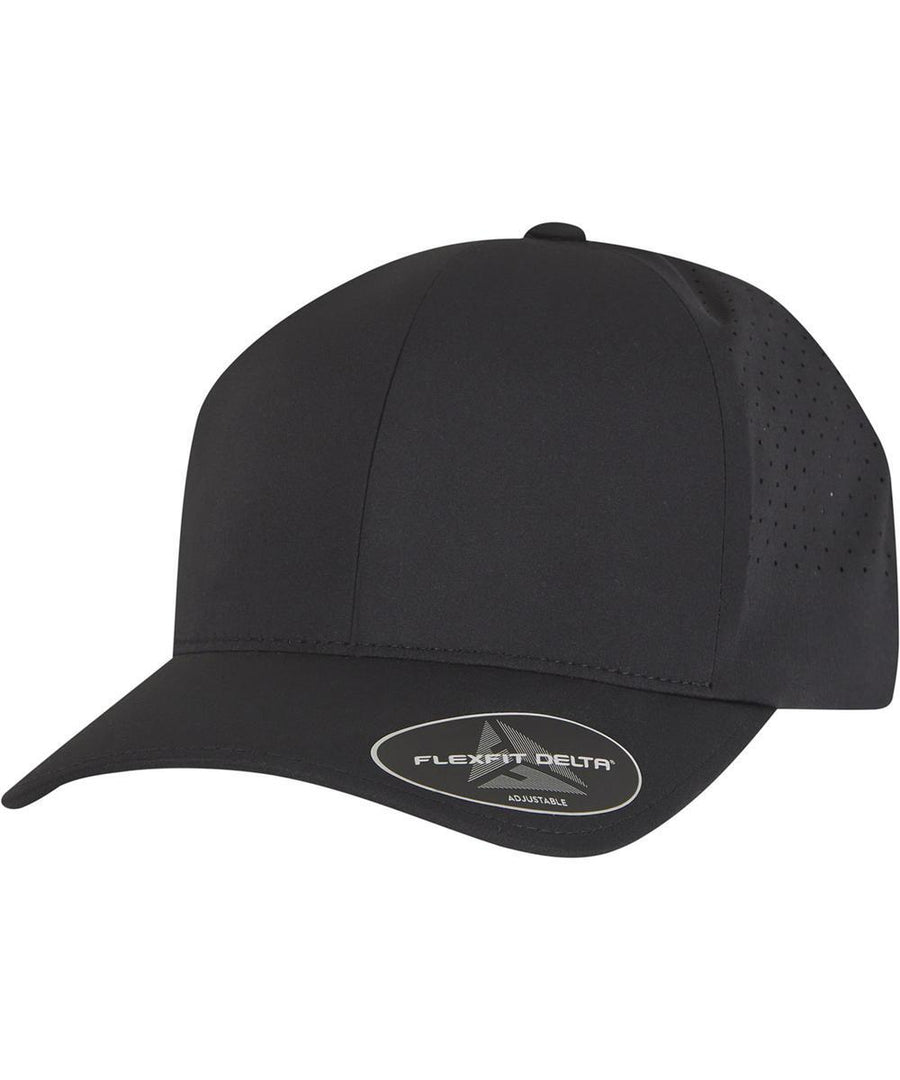 The Flexfit Delta snapback (180AP) by Flexfit by Yupoong is a plain black cap with a curved peak featuring a "Flexfit Delta" sticker and side panel ventilation holes.