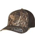 The Flexfit by Yupoong 110MRC mesh RealTree camo cap features a brown and green camouflage design, curved brim with "110 ONE TEN" sticker, black mesh back panels, and is shown on a white background.