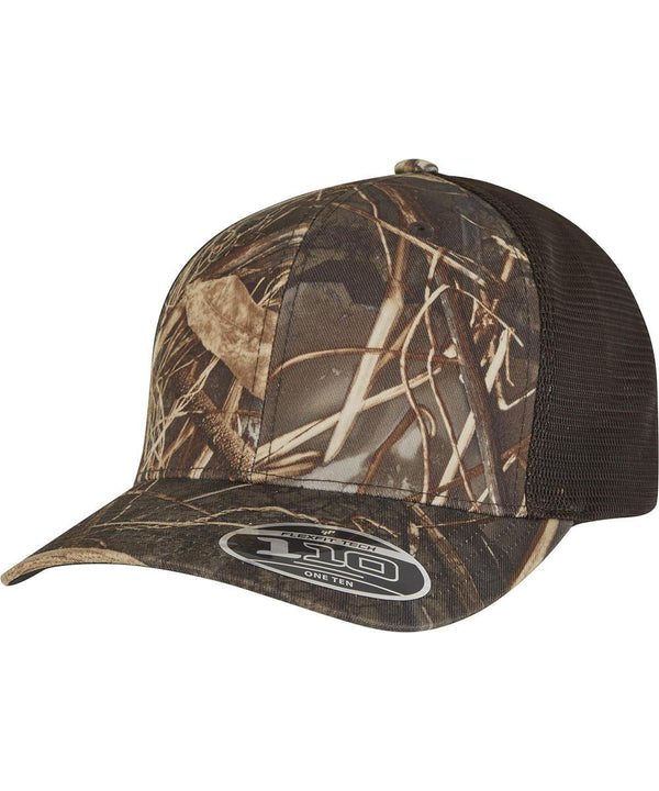 The Flexfit by Yupoong 110MRC mesh RealTree camo cap features a brown and green camouflage design, curved brim with "110 ONE TEN" sticker, black mesh back panels, and is shown on a white background.