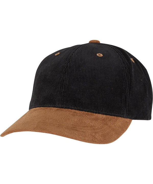 The Corduroy Classic Suede Cap (9279) by Flexfit by Yupoong features a black corduroy crown with a brown suede peak and brown button accents, displayed against a plain white background.