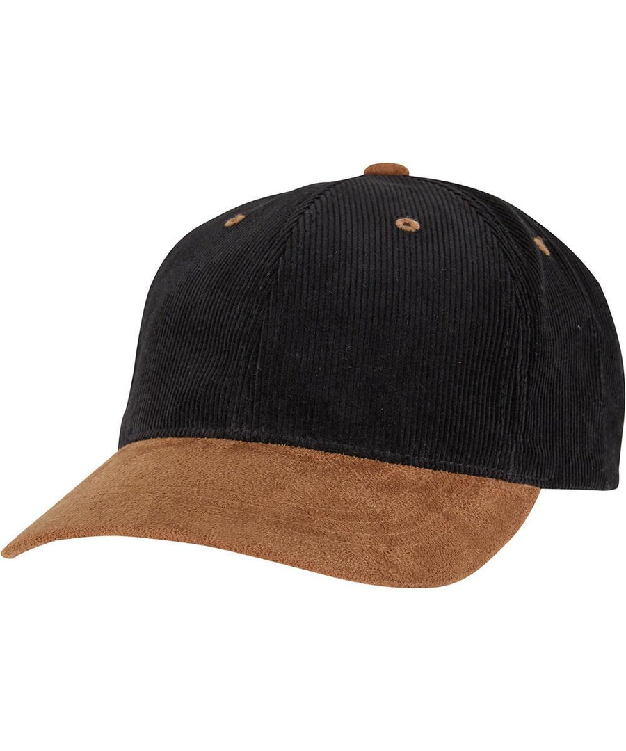 The Corduroy Classic Suede Cap (9279) by Flexfit by Yupoong features a black corduroy crown with a brown suede peak and brown button accents, displayed against a plain white background.